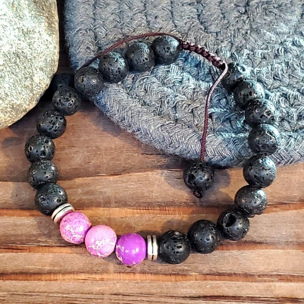 Chakra Bracelet Purple Aqua Terra Jasper Black Lava Stones - Picture 4 of 7